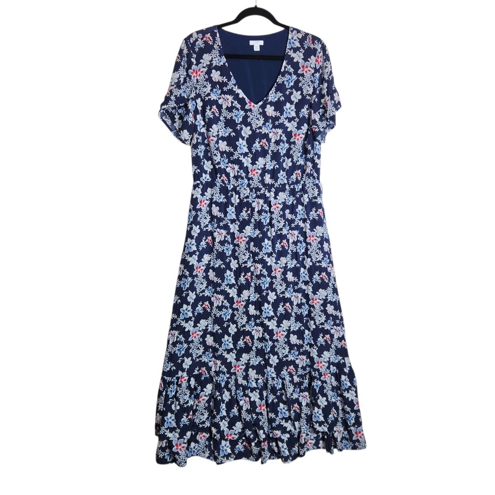 J. Jill Womens 1X Navy Blue Floral Rayon V-Neck Ruffle Hem Maxi Dress 5864